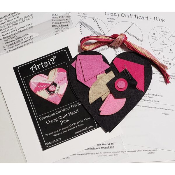 Crazy Quilt Heart Wool Applique Stitch Kit Pink-  By Artsi2 - Image 2