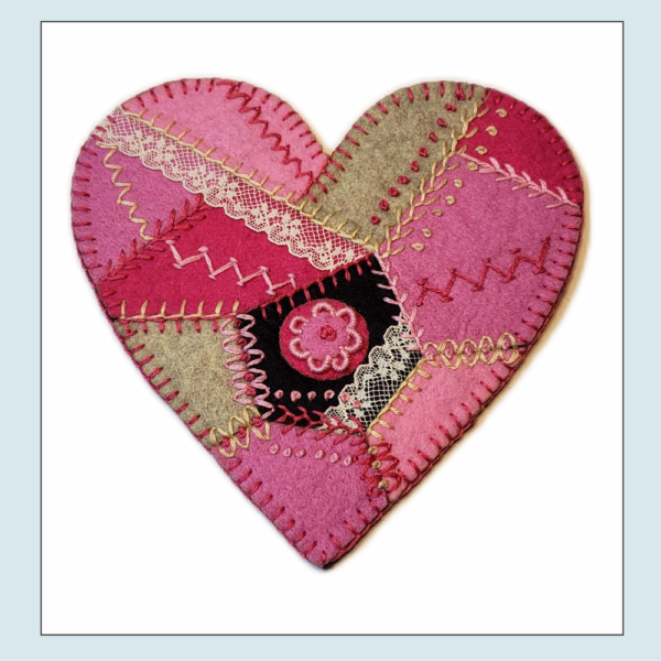 Crazy Quilt Heart Wool Applique Stitch Kit Pink-  By Artsi2