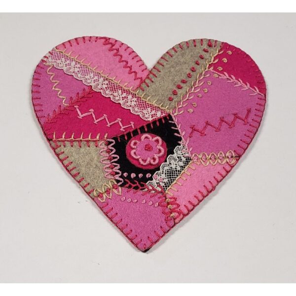 Crazy Quilt Heart Wool Applique Stitch Kit Pink-  By Artsi2 - Image 3