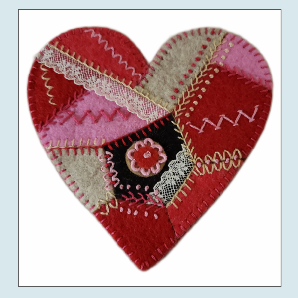 Crazy Quilt Heart Wool Applique Stitch Kit - Red By Artsi2