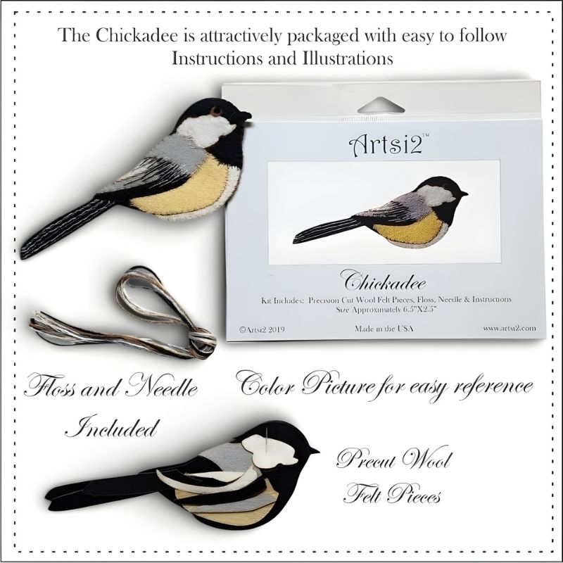Chickadee hand stitch embroidery kit contents