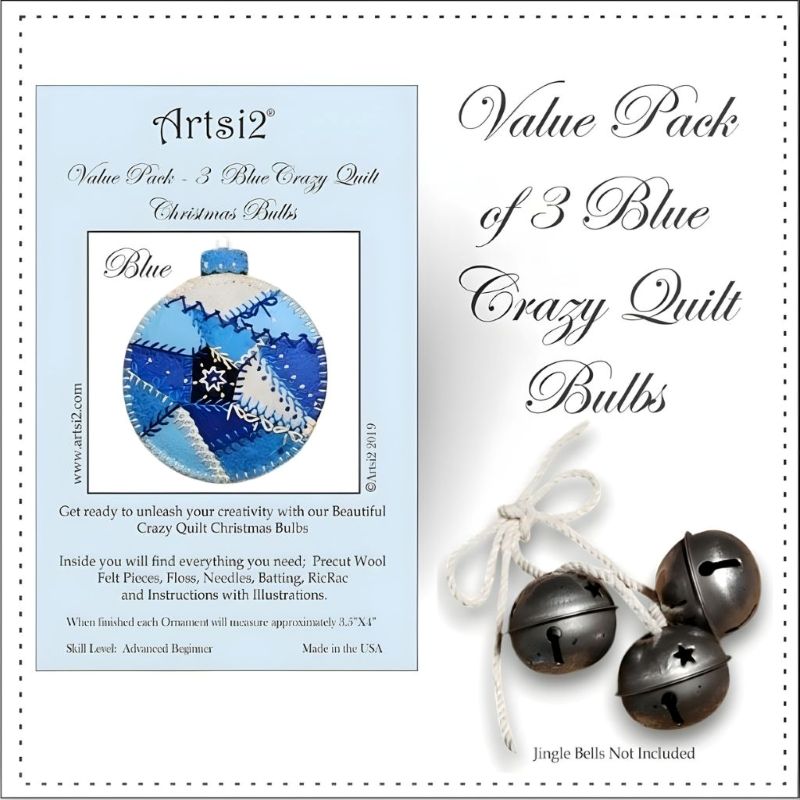 Blue Value Pack of 3 Crazy Quilt Christmas Bulbs Hand Embroidery Stitch Kit
