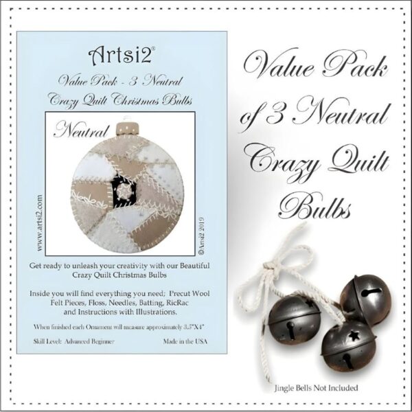 Neutral Crazy Quilt Christmas Bulbs Value Pack with Jingle bells
