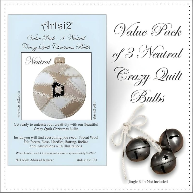 Neutral Crazy Quilt Christmas Bulbs Value Pack with Jingle bells