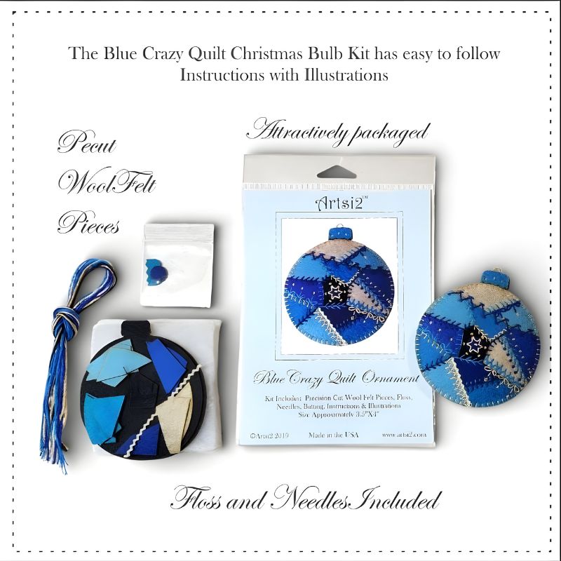 Blue Crazy Quilt Christmas Ornament Stitch Kit contents