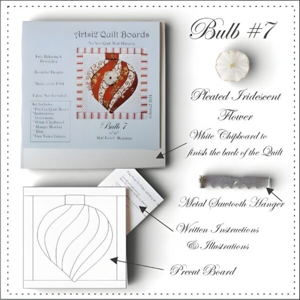 Red Christmas Bulb #7 kit contents with pleated iridescent flower