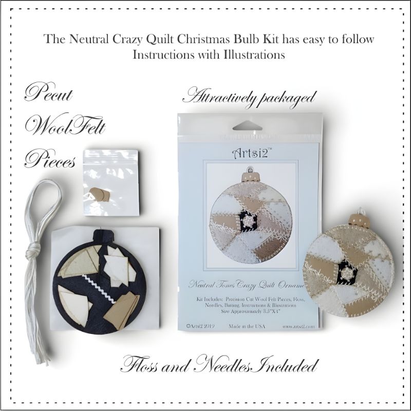 Neutral Crazy Quilt Christmas Bulb Stitch Kit Contents