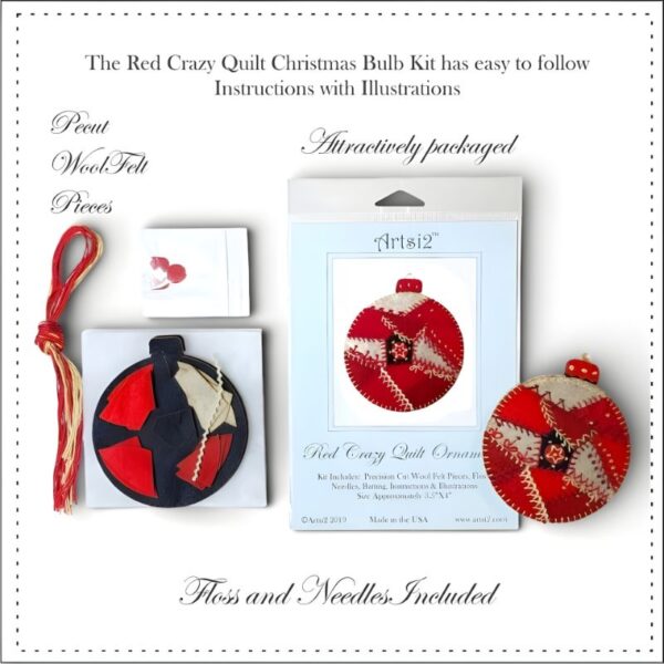 Red Crazy Quilt Christmas Bulb Stitch Kit Contents