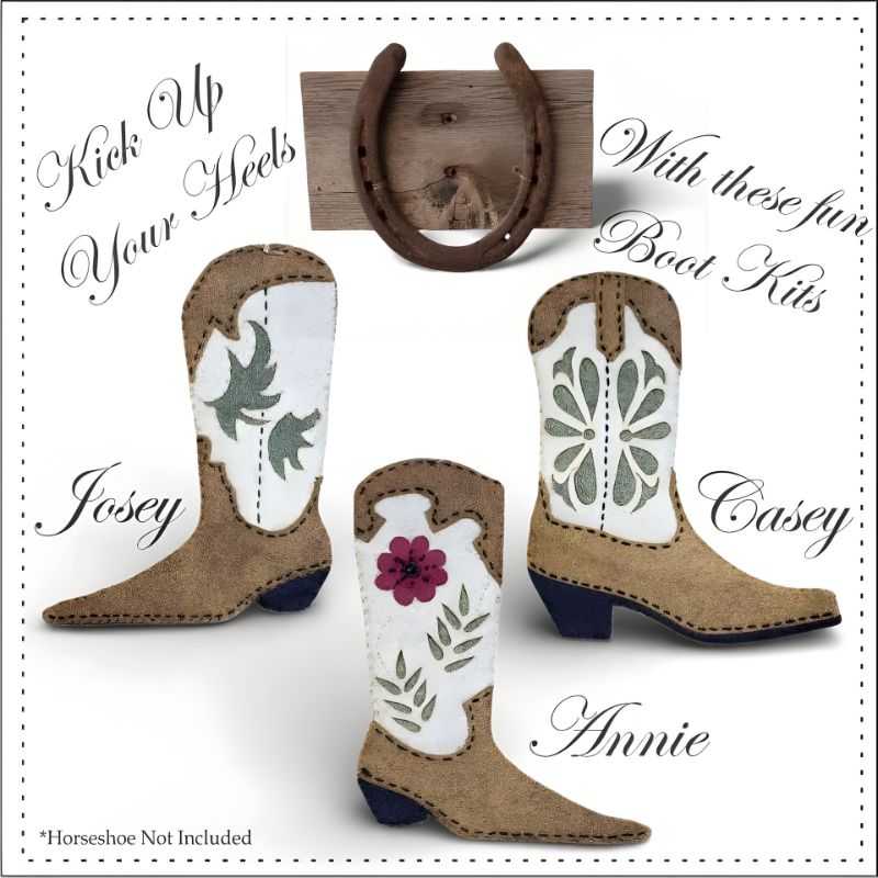 3 Cowboy Boots hand embroidery stitch kits with horseshoe