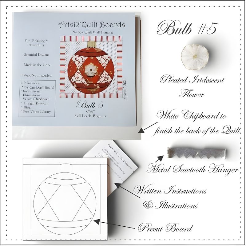 Red Christmas Bulb #5 kit contents with pleated iridescent flower