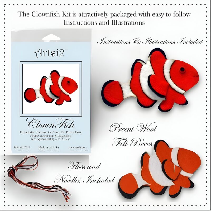 Clownfish Hand Embroidery Stitch Kit Contents precut wool felt pieces, floss, needle and packaging