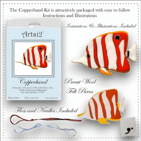 Copperband embroidery stitch kit contents precut wool felt pieces, floss, needles and packaging pictured