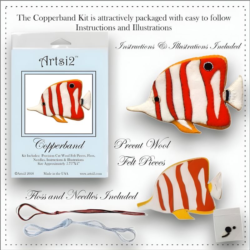 Copperband embroidery stitch kit contents precut wool felt pieces, floss, needles and packaging pictured