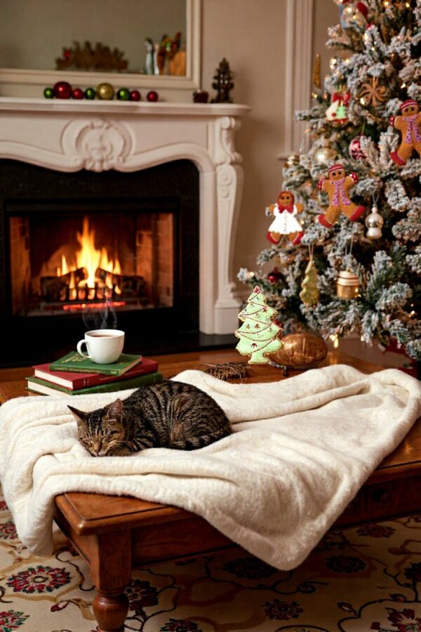 Gingerbread and Sugar Cookies on a Christmas tree with cat nestled by the fireplace