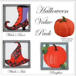 Witch's hat, Boot and Pumpkin No Sew Quilts pictured in the value pack with felted Pumpkin
