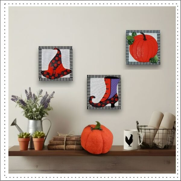 Pumpkin, witch's hat and boot quilts decorating a wall