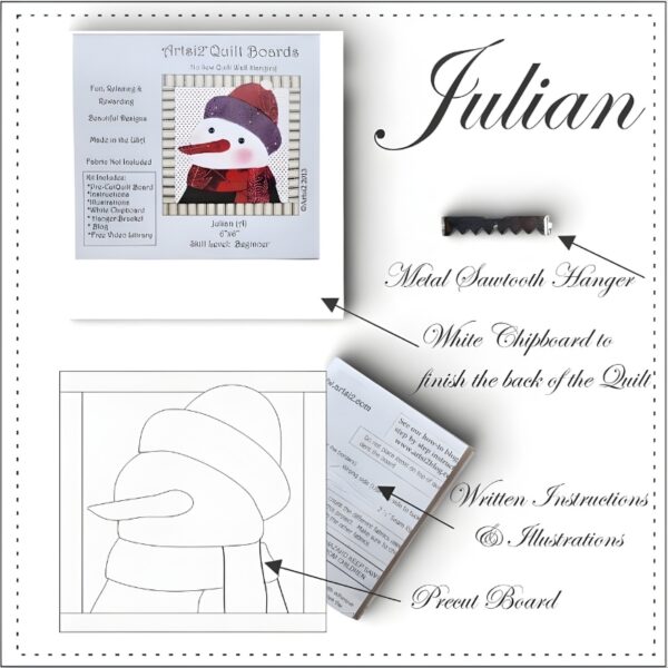 Julian Quilting without sewing kit contents with sawtooth hanger, instructions, precut board and packaging