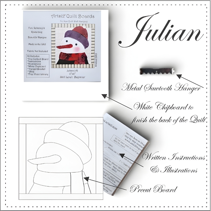 Julian Quilting without sewing kit contents with sawtooth hanger, instructions, precut board and packaging