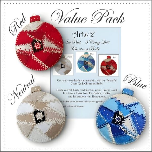 Assorted Value Pack with Red, Neutral and Blue Crazy Quilt Hand embroidery stitch kit