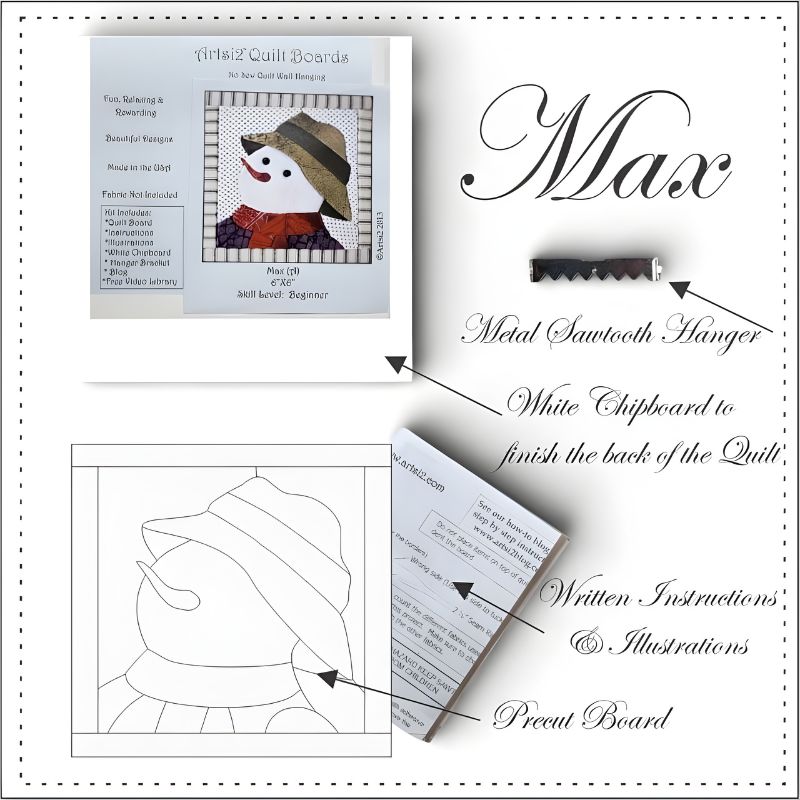 Max Quilting without sewing kit contents with sawtooth hanger, instructions, precut board and packaging