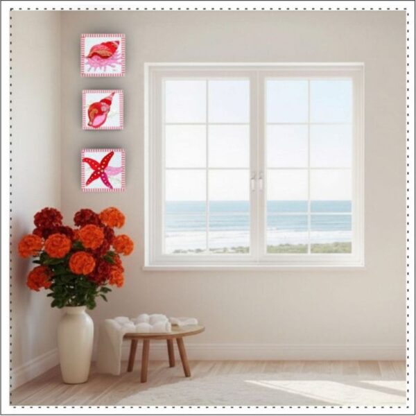 Quilted sea shells adorning a wall