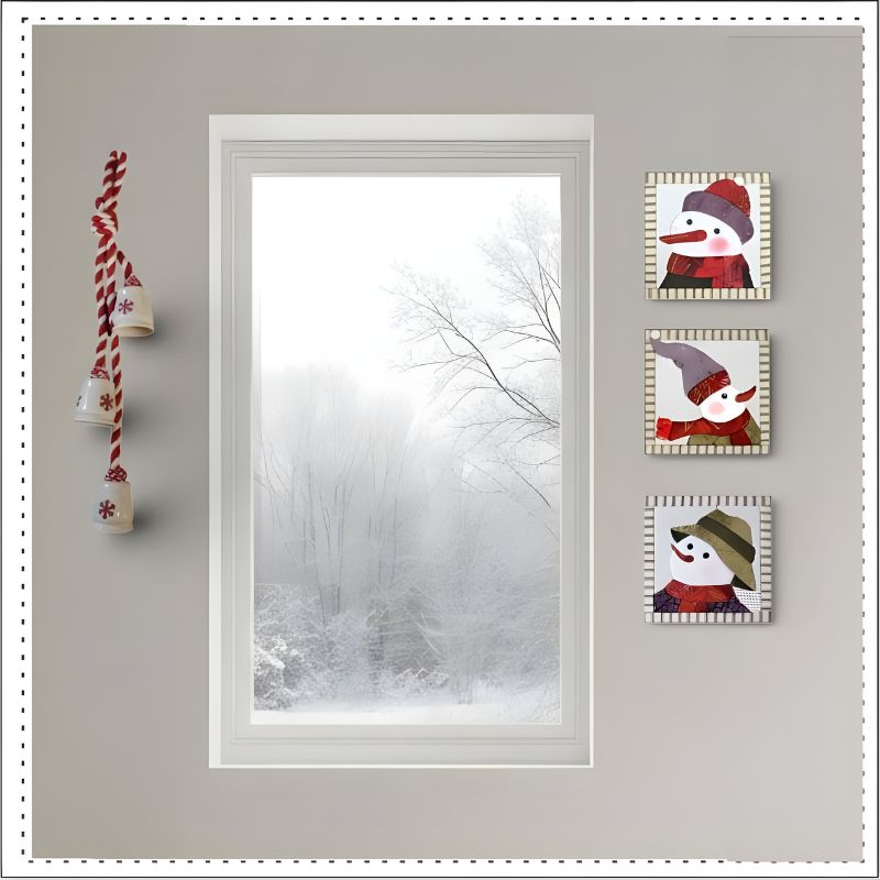 Snowmen quilts hanging on a wall near a window with a wintery scene