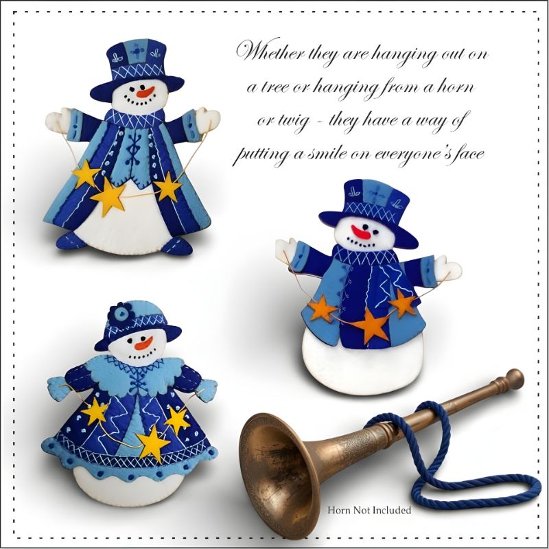 3 adorable snowmen with ideas for decorating with a beautiful vintage horn