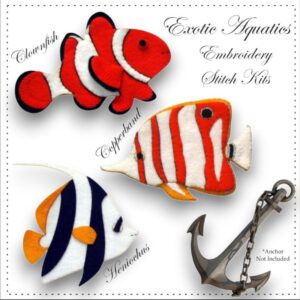Pictures of the 3 fish available in embroidery stitch kits Clownfish Copperband Heniochus