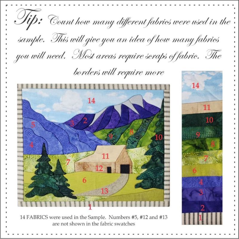 Beautiful mountain landscape with information on how to pick out fabrics