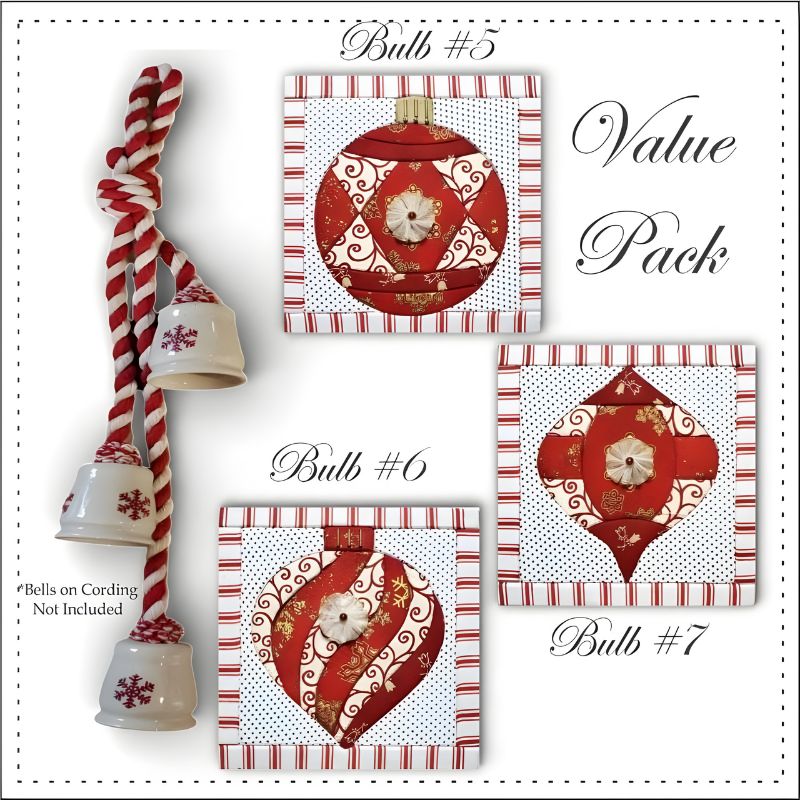 3 Quilted Christmas Bulbs in the Value Pack decorated with a cording and bells