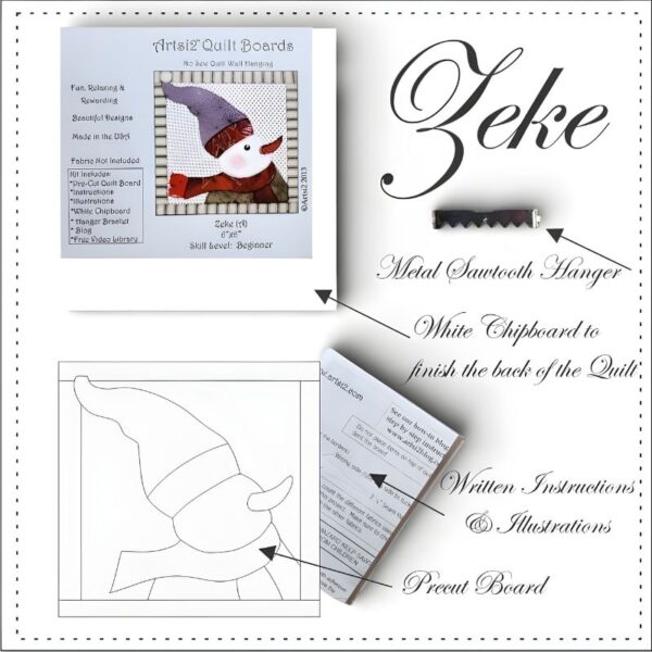Zeke Quilting without sewing kit contents with sawtooth hanger, instructions, precut board and packaging