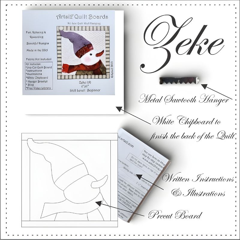 Zeke Quilting without sewing kit contents with sawtooth hanger, instructions, precut board and packaging