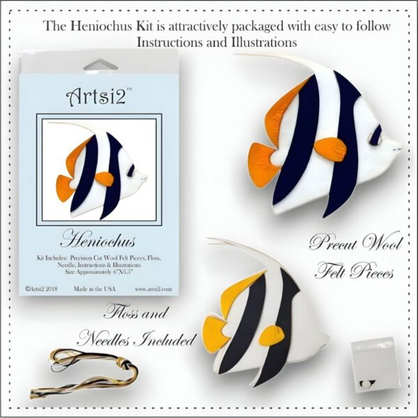 Heniochus Fish Embroidery Stitch Kit contents floss, needle, precut wool felt pieces and packaging