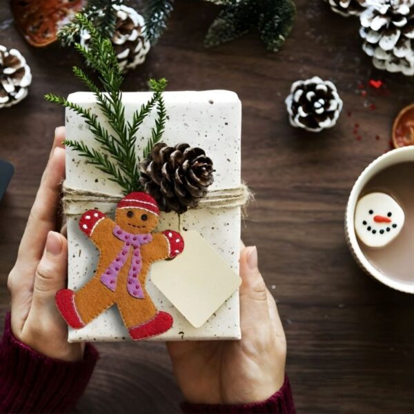 easy embroidery stitch kit Gingerbread Boy adorning a gift package
