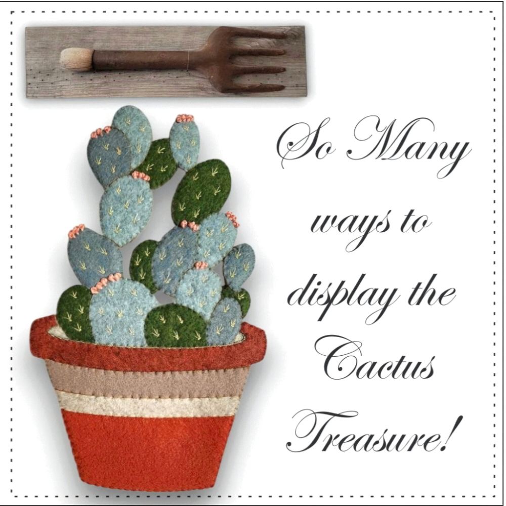 The Prickly Pear Cactus is hanging from a vintage garden fork on barnwood