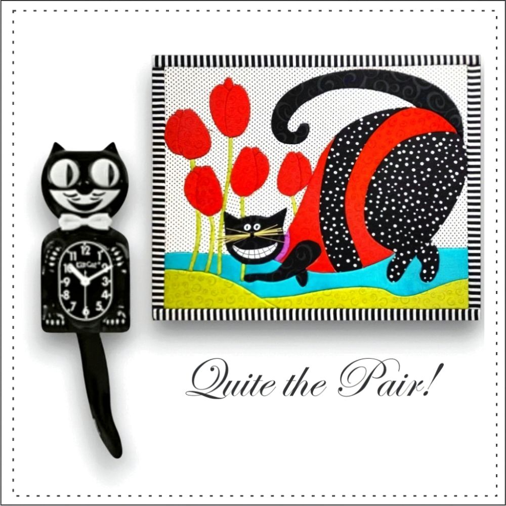 Cheshire cat tip toeing through the tulips in the Quilting Without Sewing Project with a Kit Kat Clock