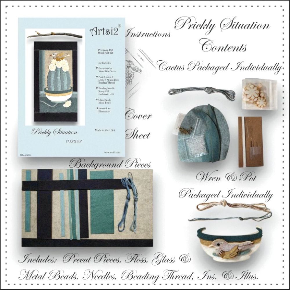 Prickly Situation Hand Embroidery Kit Contents with precut wool felt pieces, individually packaged Barrel Cactus and the Cactus Wren and Pot.