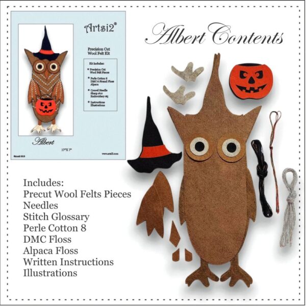 Albert Kit contents of a primitive owl includes precut wool felt pieces needles stitch glossary perle cotton 8 dmc floss alpaca floss written instructions