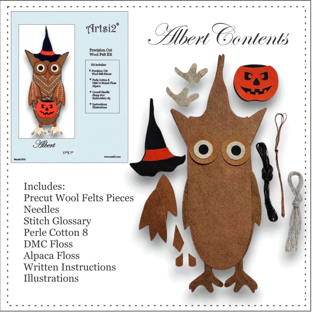 Albert Kit contents of a primitive owl includes precut wool felt pieces needles stitch glossary perle cotton 8 dmc floss alpaca floss written instructions