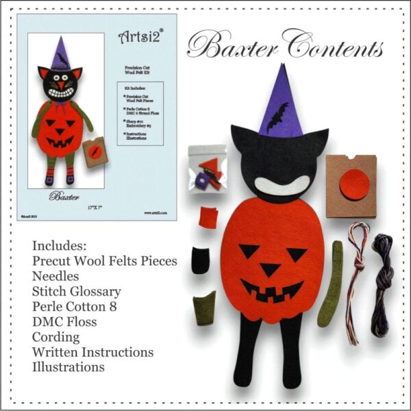 The Kit contents of Baxter a primitive cat dressed in a pumpkin outfit and a trick or treat bag