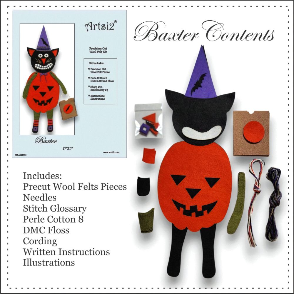 The Kit contents of Baxter a primitive cat dressed in a pumpkin outfit and a trick or treat bag