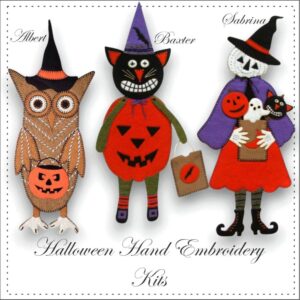 Three Hand Embroidery Kits of an Owl, Primitive Cat and a Pumpkin Lady