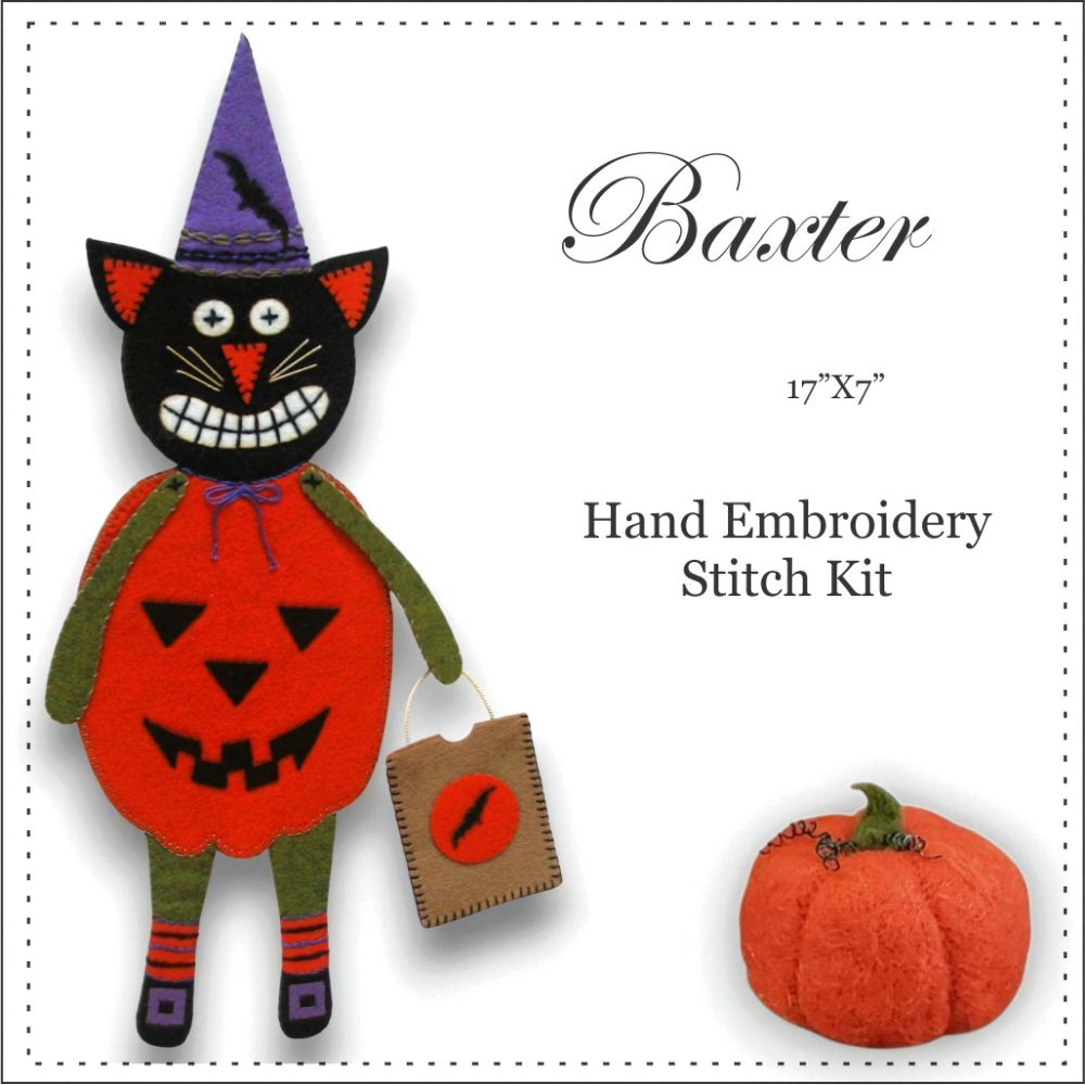 Baxter primitive look Cat dressed in an orange pumpkin with bats and a trick or treat bag