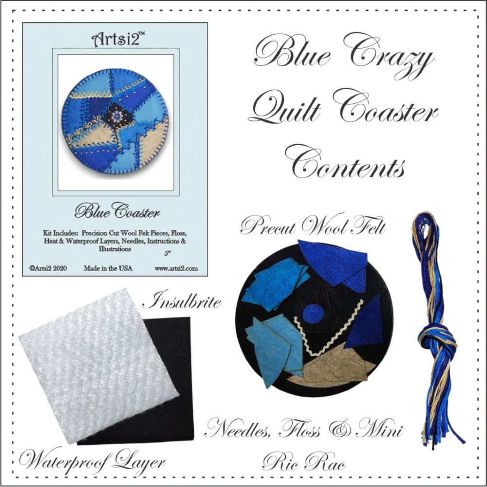 Contents of the Blue Coaster Hand Embroidery Stitch Kit includes precuts felt, floss, needles, Insulbrite and Waterproof layer