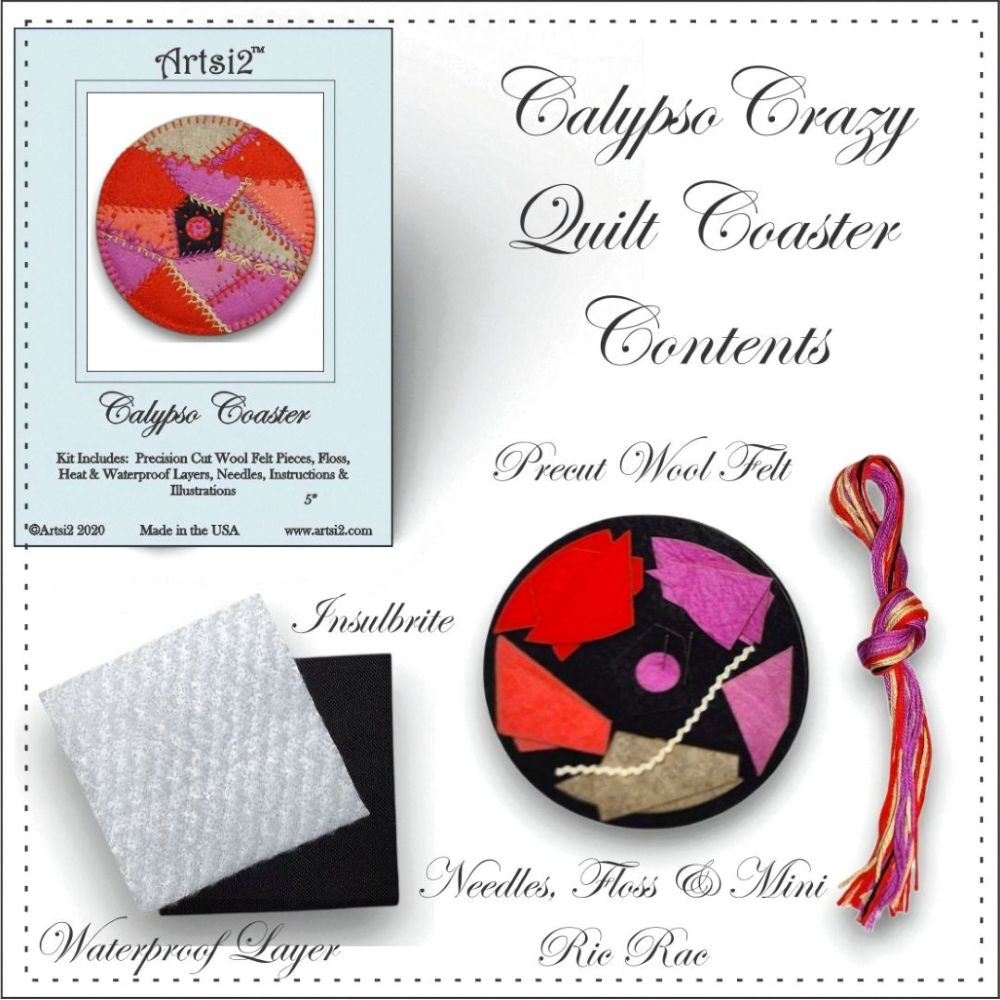Contents of the Calypso Coaster Hand Embroidery Stitch Kit includes precuts felt, floss, needles, Insulbrite and Waterproof layer
