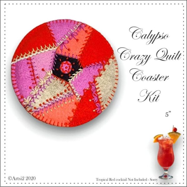Calypso Crazy Quilt Coaster Kit is pictured with a Tropical Red Cocktail