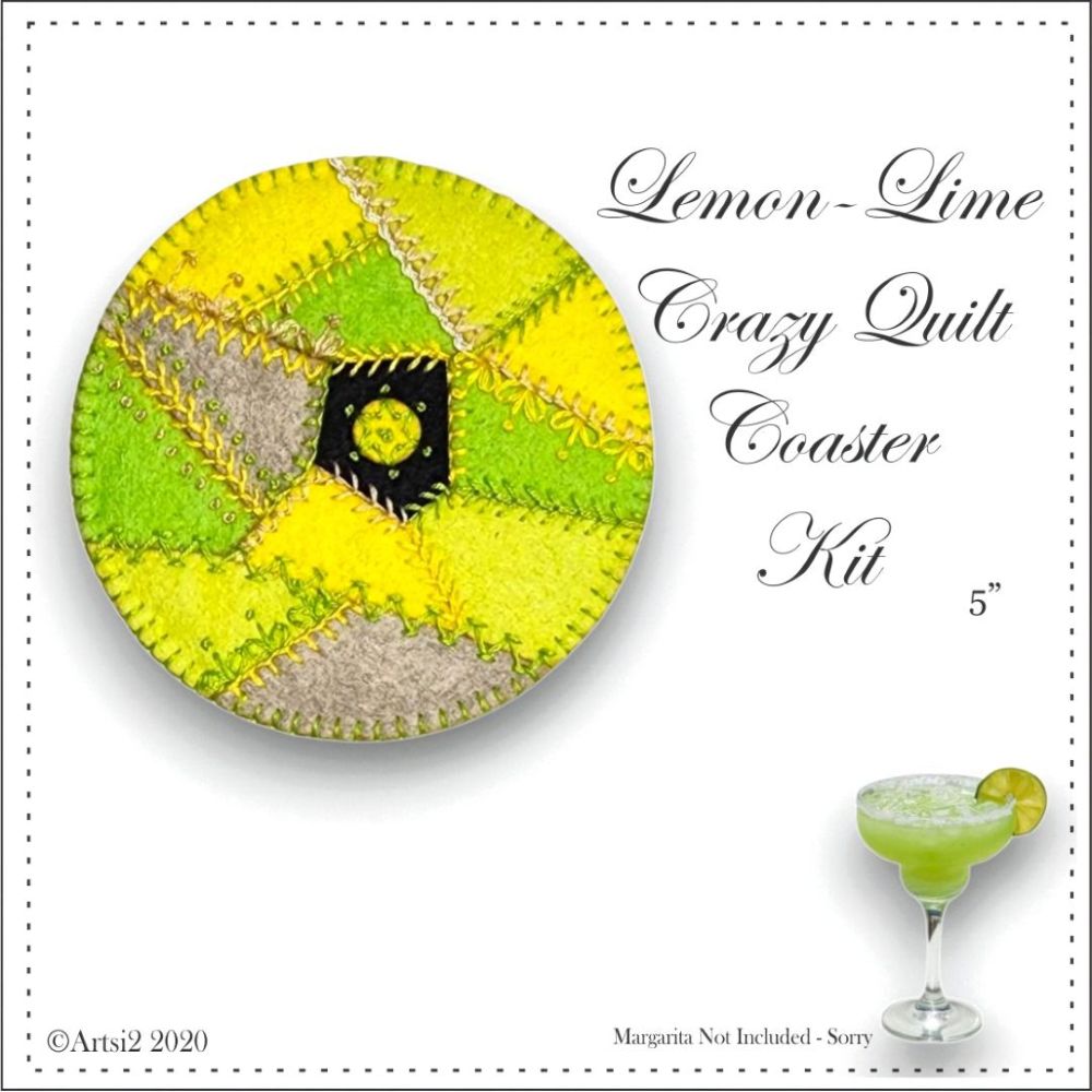 Lemon-Lime Crazy Quilt Coaster Kit is pictured with a Margarita