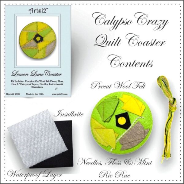 Contents of the Lemon-Lime Coaster Hand Embroidery Stitch Kit includes precuts felt, floss, needles, Insulbrite and Waterproof layer