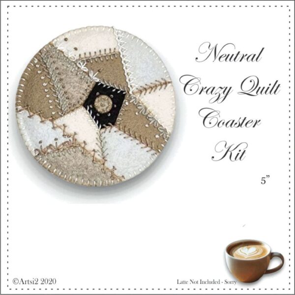 Neutral Crazy Quilt Coaster Kit is pictured with a latte