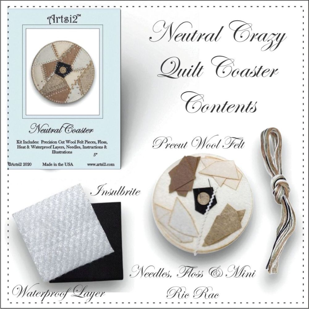 Contents of the Neutral Coaster Hand Embroidery Stitch Kit includes precuts felt, floss, needles, Insulbrite and Waterproof layer